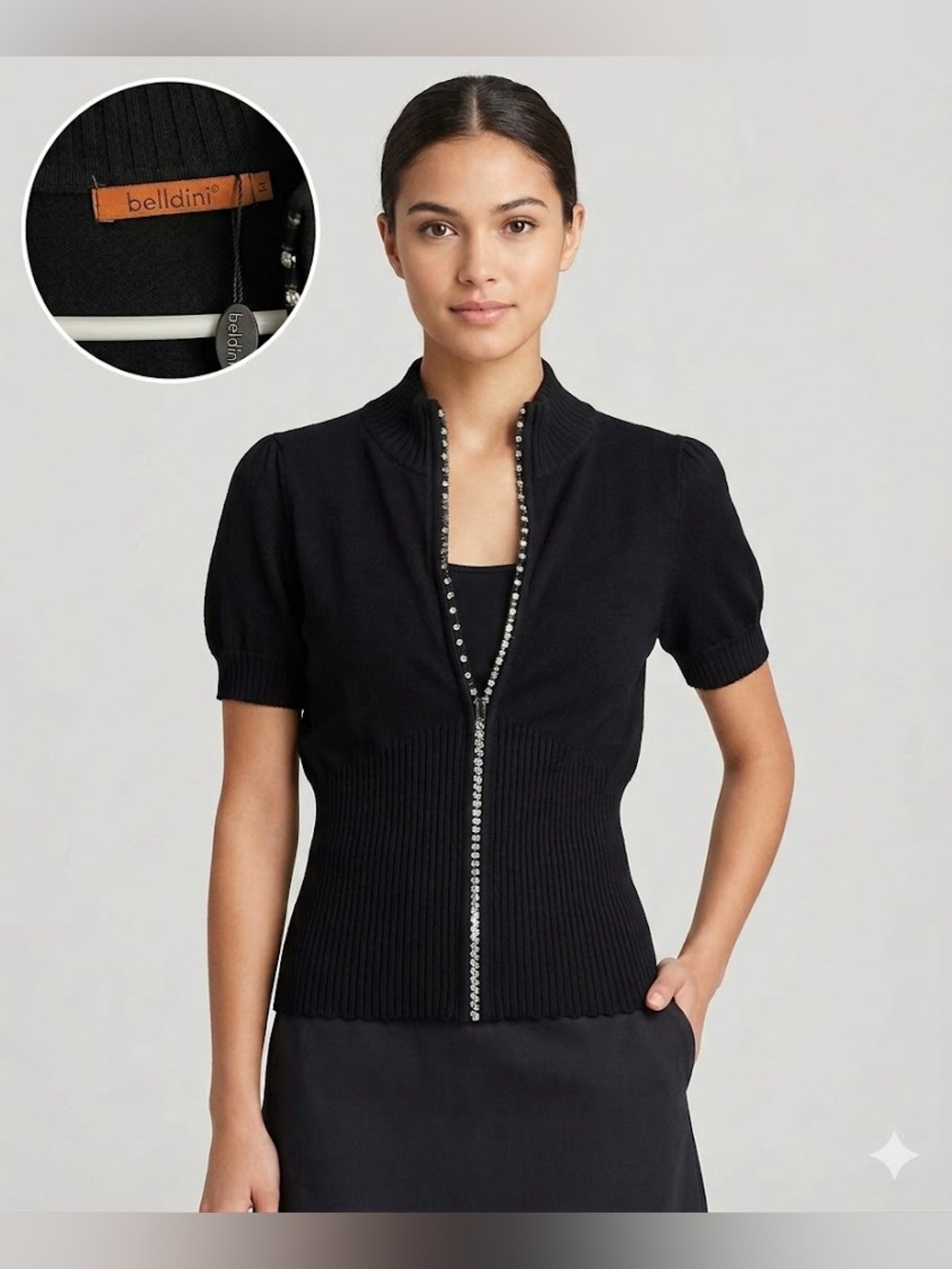 Belldini Black Short Sleeve Rhinestone Zip-Up Knit Top